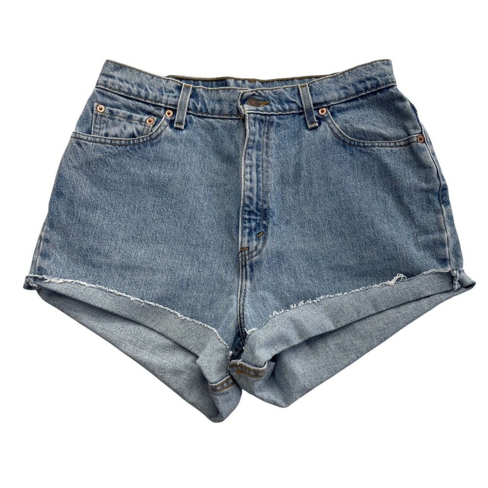 Levis 521 Denim Shorts Womens 14 Long High Waisted Vintage Cutoffs Festival Mom
